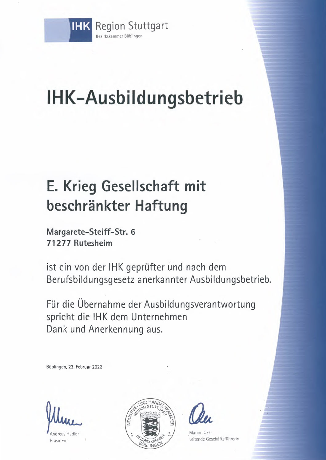 E.Krieg GmbH - IHK Ausbildungsbetrieb