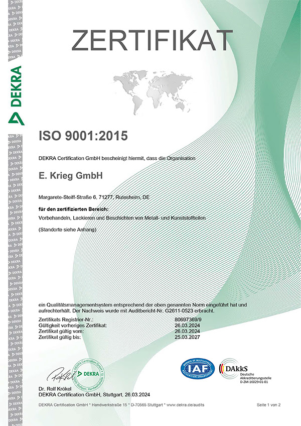 Zertifikat ISO9001:2015, Rutesheimerstraße & Kranstraße, Neckarstraße